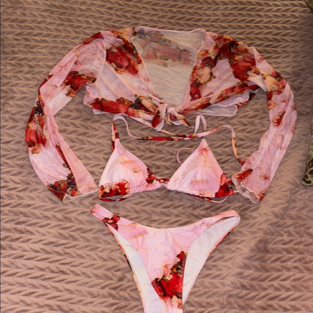 Floral Pink Bikini Set with Cover-Up